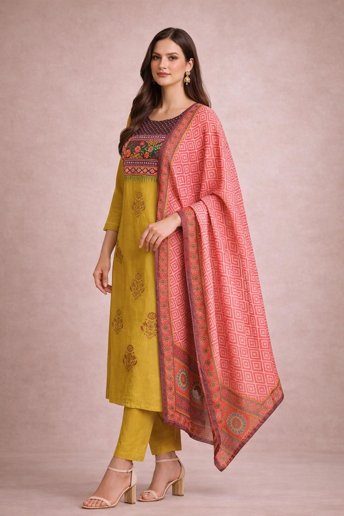 Mustard yellow kurta set with contrast pink dupatta, side angle showing straight silhouette and prints