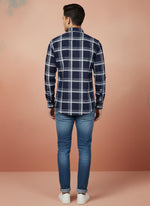 SN331 men's navy cotton plaid shirt slim fit long sleeve back view with clean plaid pattern