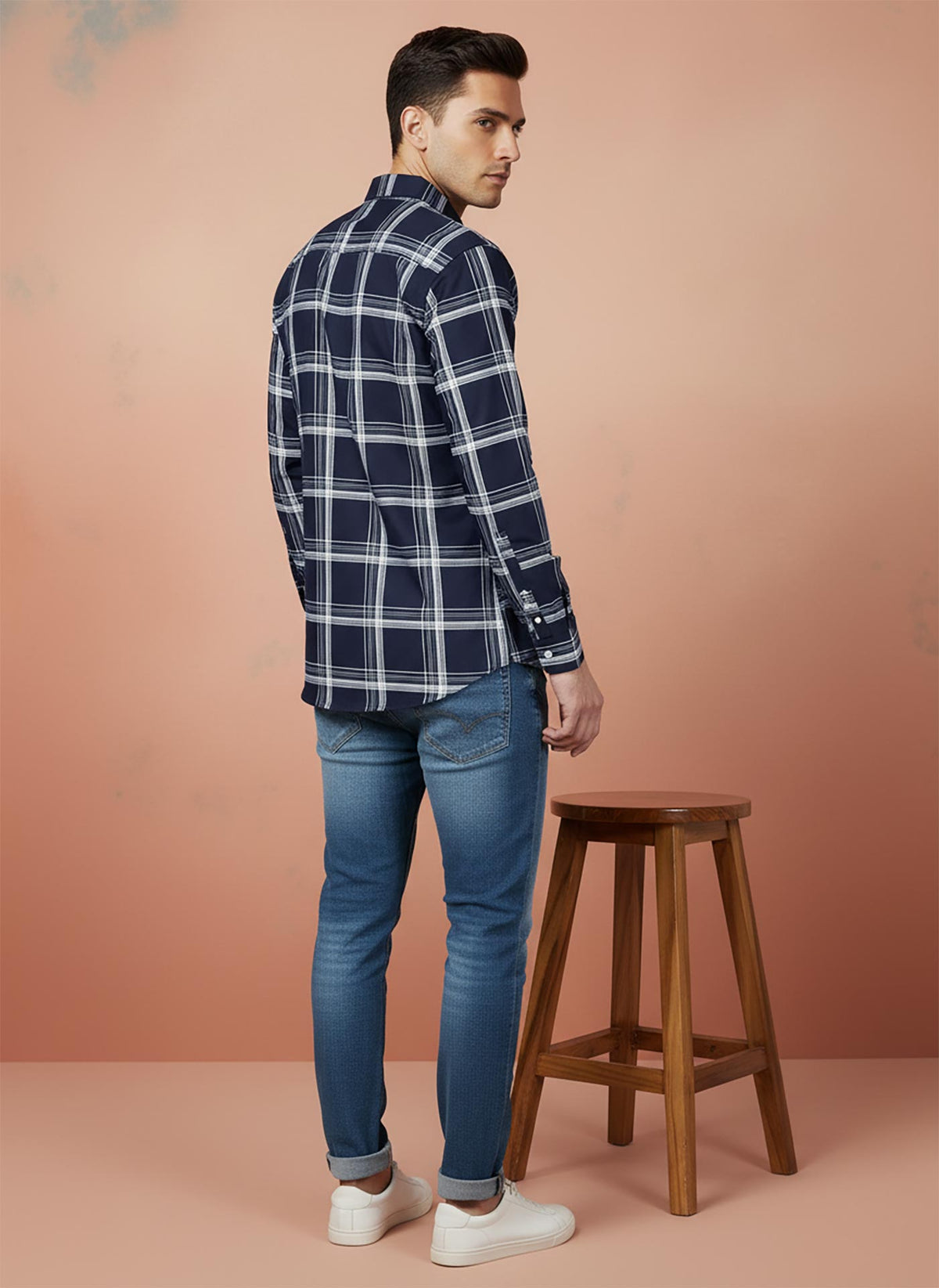 SN331 men's navy cotton plaid shirt slim fit long sleeve side view with modern grid design