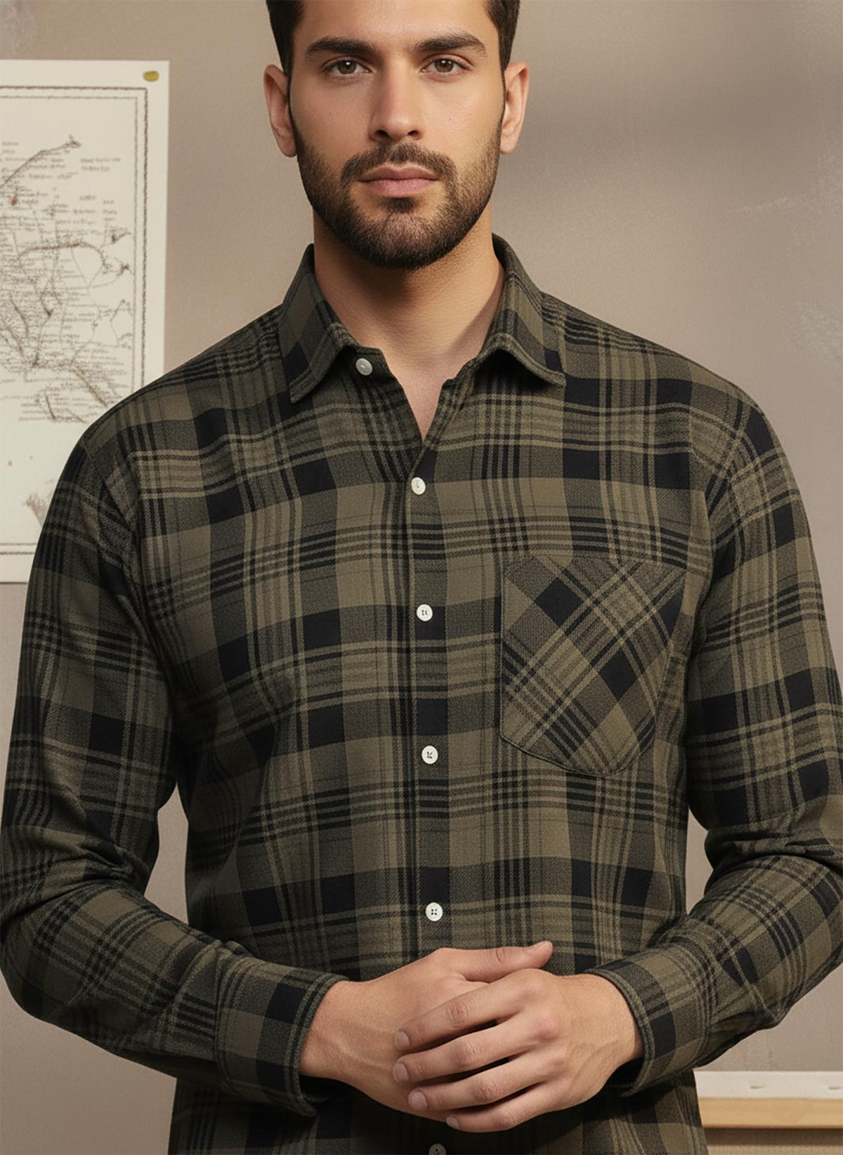 SN332 men’s olive black plaid cotton blend shirt closeup showing classic collar and chest pocket detail