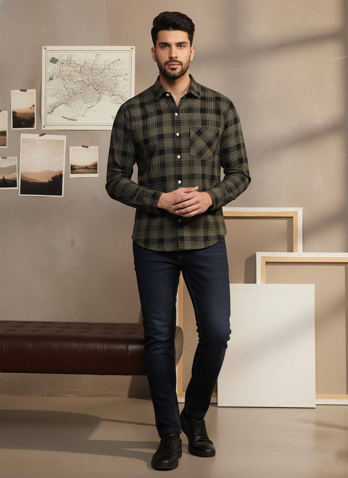 SN332 men’s olive black plaid slim fit cotton blend shirt front pose with long sleeves and classic collar