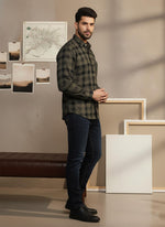 SN332 men’s olive black plaid slim fit shirt side pose with long sleeves and curved hem styling