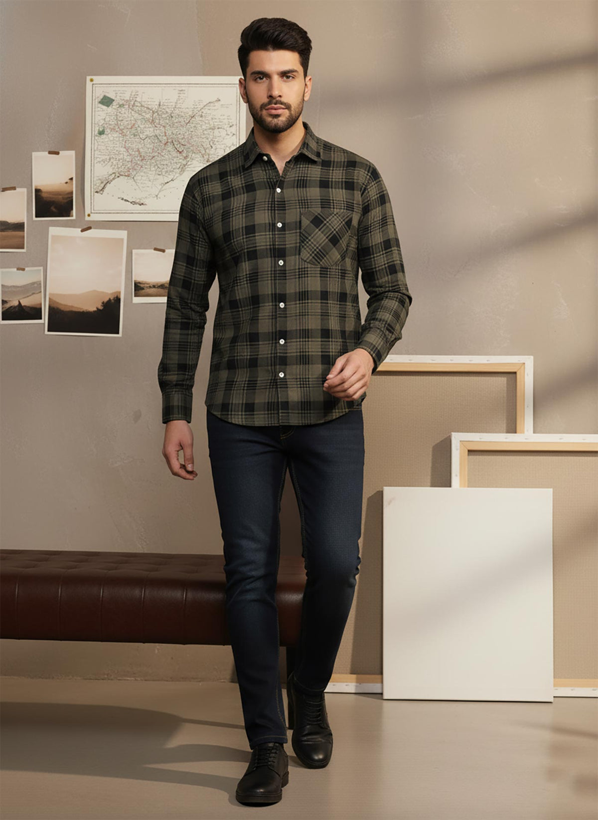 SN332 men’s olive black plaid slim fit shirt walking pose styled with dark denim and black shoes