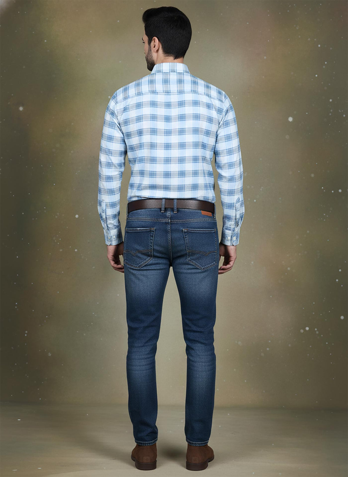 SN336 men’s light blue cotton checkered shirt back pose showing full sleeves and structured fit.