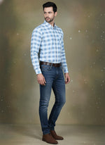 SN336 men’s light blue cotton checkered shirt side pose with tailored fit and full sleeves.