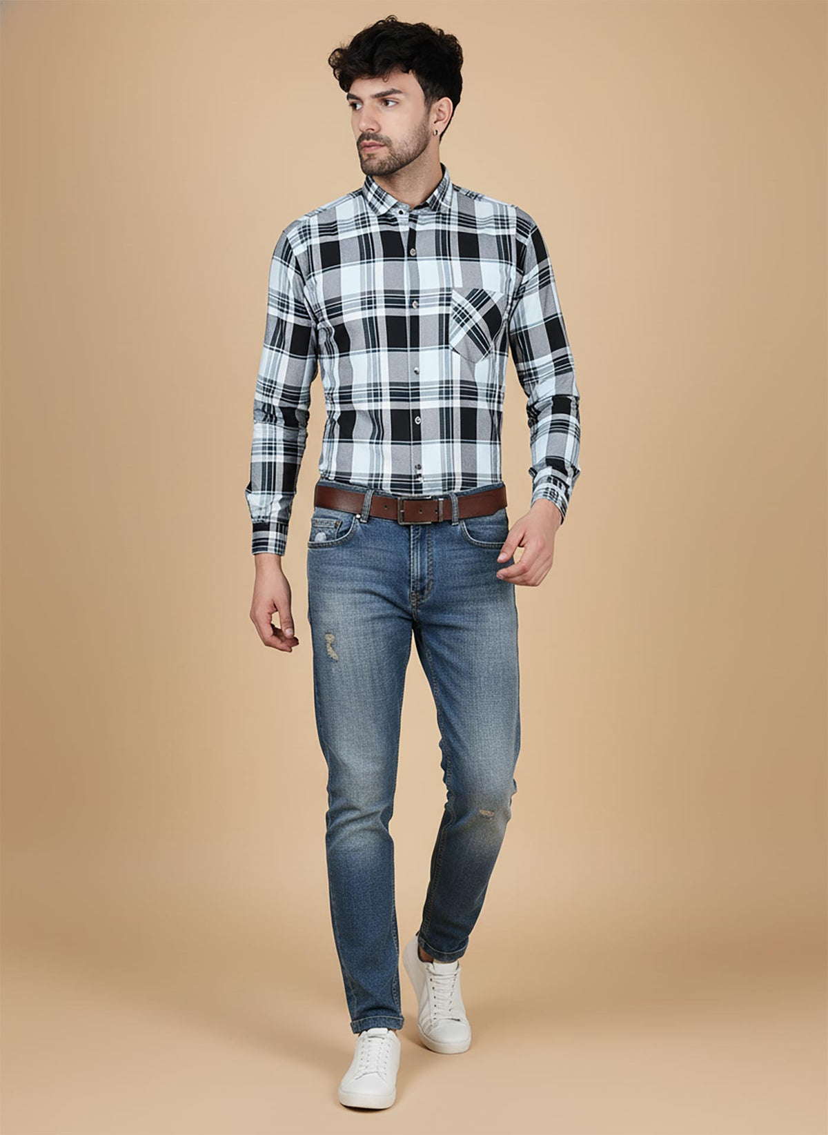SN337 men’s ice blue and black cotton plaid shirt, slim fit, long sleeve walking pose styled with jeans and sneakers.