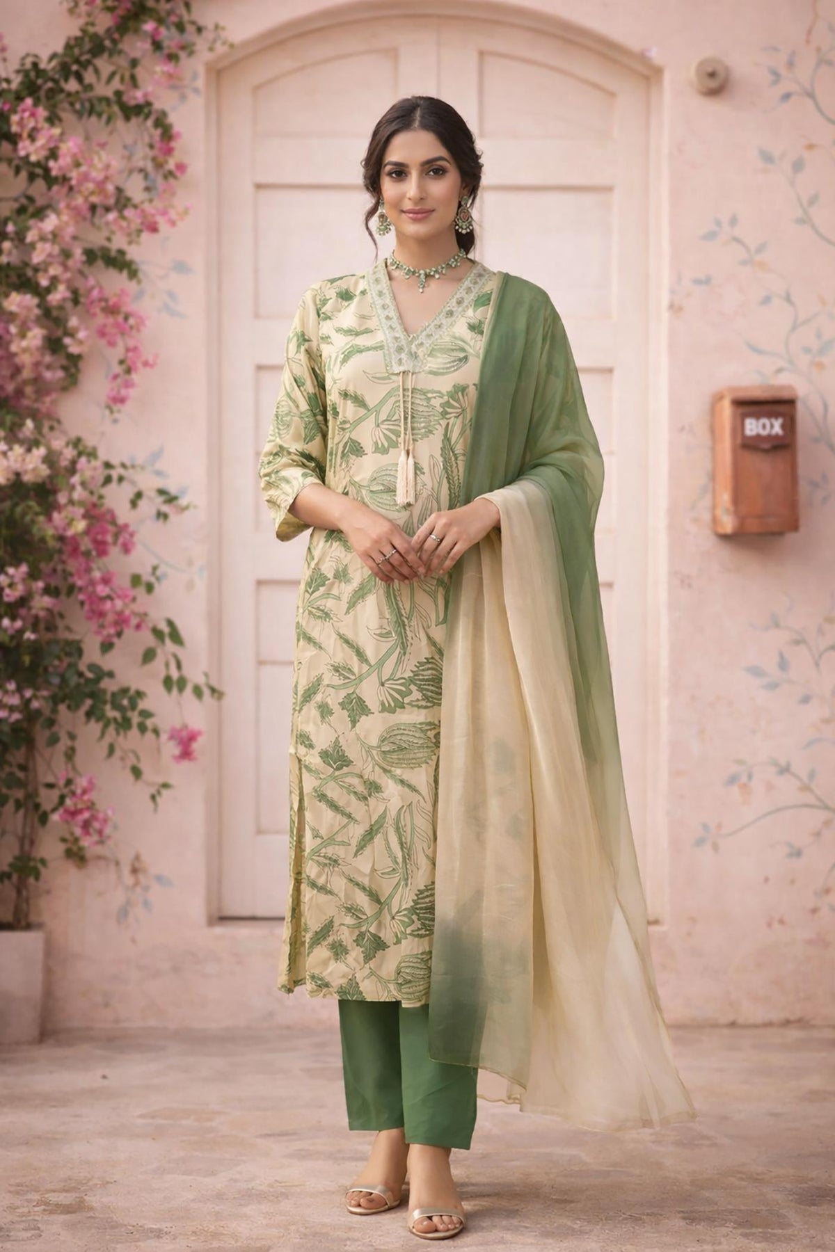 Front view sage green kurta set with botanical print, ombre dupatta and nude sandals.