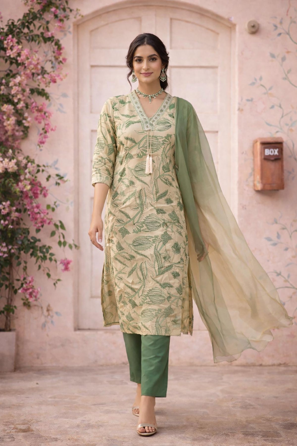 Sage green printed kurta set with ombre dupatta, walking pose, straight pants and nude heels.