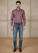 SN341 men’s plum cotton blend geometric print shirt with long sleeves and spread collar – front view