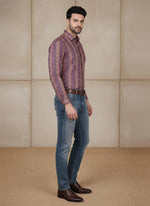 SN341 men’s plum cotton blend geometric print shirt with full sleeves and slim fit – side profile view