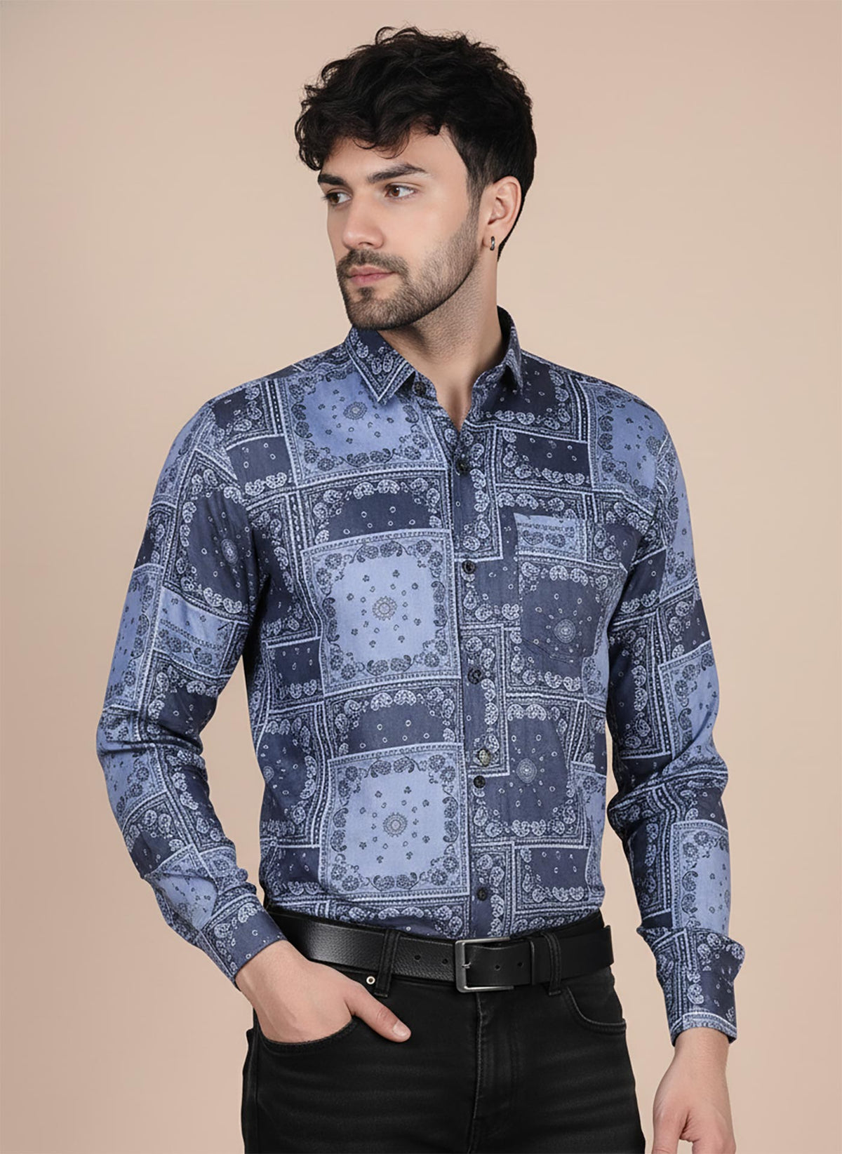 SN343 men’s indigo cotton blend long sleeve shirt closeup showing bandana print, button placket and point collar