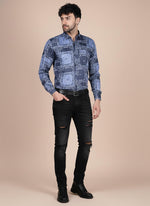 SN343 men’s indigo cotton blend long sleeve bandana print shirt front pose styled with black jeans and boots