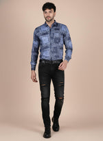 SN343 men’s indigo cotton blend long sleeve bandana print shirt walking pose styled with black denim and boots