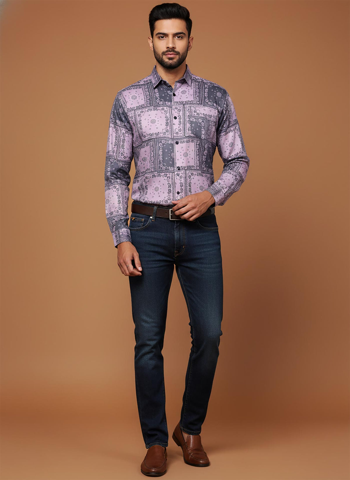 SN344 men’s lavender cotton blend shirt with bandana patchwork print, long sleeve regular fit front pose