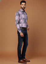 SN344 men’s lavender cotton blend shirt with bandana patchwork print, long sleeve side profile view