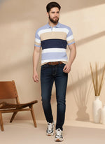 SN346 men’s cotton pique striped polo shirt in beige navy sky blue, short sleeve classic collar front view with jeans