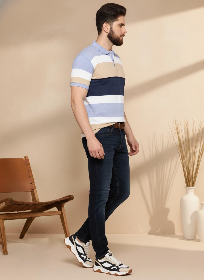 SN346 men’s cotton pique striped polo shirt side view, slim fit short sleeve design in beige navy sky blue