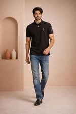 SN347 black cotton piqué polo T-shirt for men slim fit walking pose with casual styling