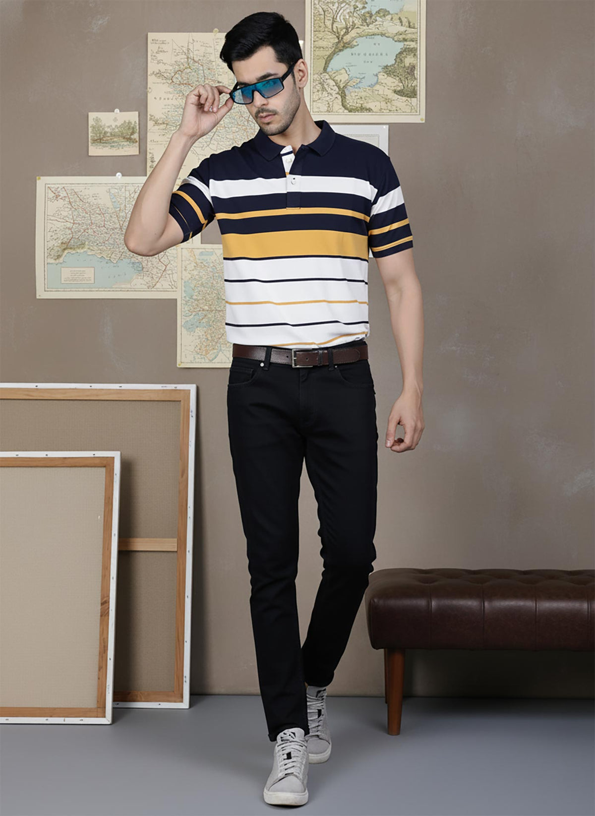 SN348 men’s white navy striped cotton pique polo shirt, short sleeve with collar, front pose styled with jeans.