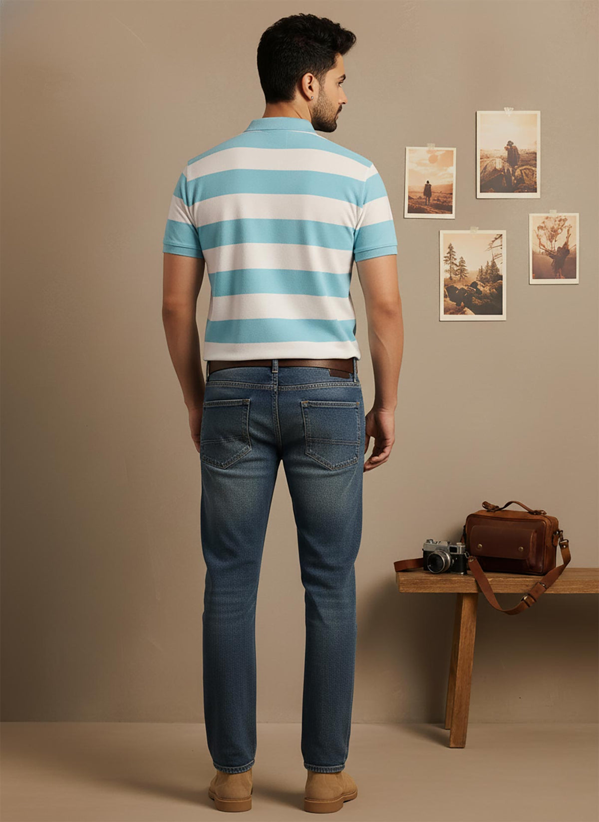 SN349 men’s aqua white cotton piqué striped polo shirt back view with short sleeves and regular fit.