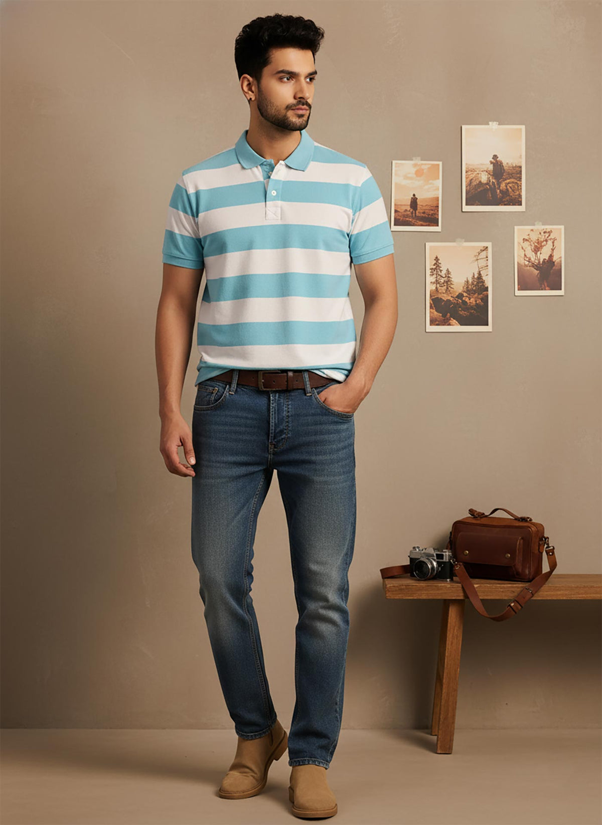 SN349 men’s aqua white cotton piqué striped polo shirt with short sleeves and classic collar front view.