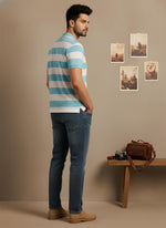 SN349 men’s aqua white cotton piqué striped polo shirt side view with short sleeves and regular fit.
