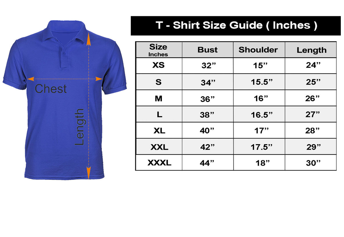 SN349 men’s cotton piqué striped polo shirt size chart with chest, shoulder, and length measurements.
