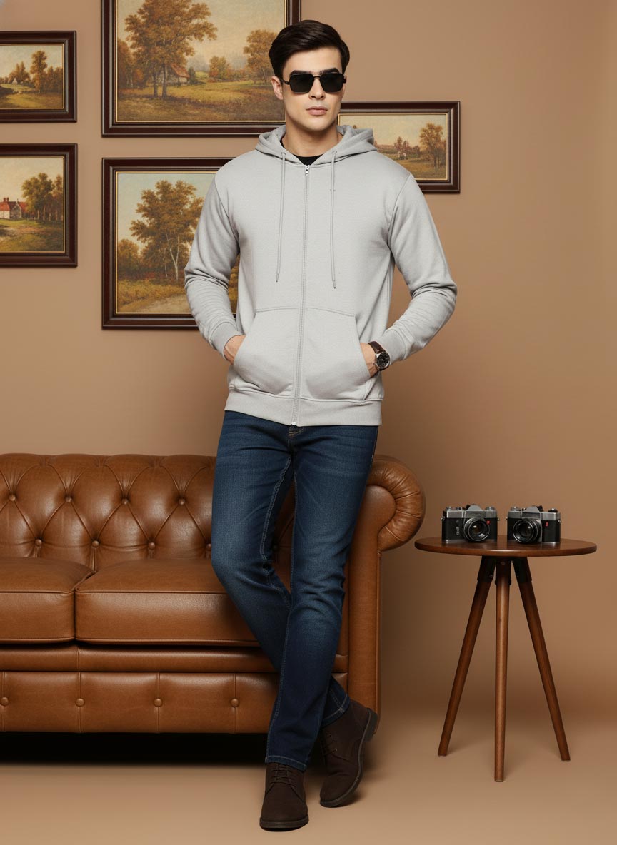 SN351 men’s light grey cotton blend zip hoodie with long sleeves and kangaroo pockets front pose.