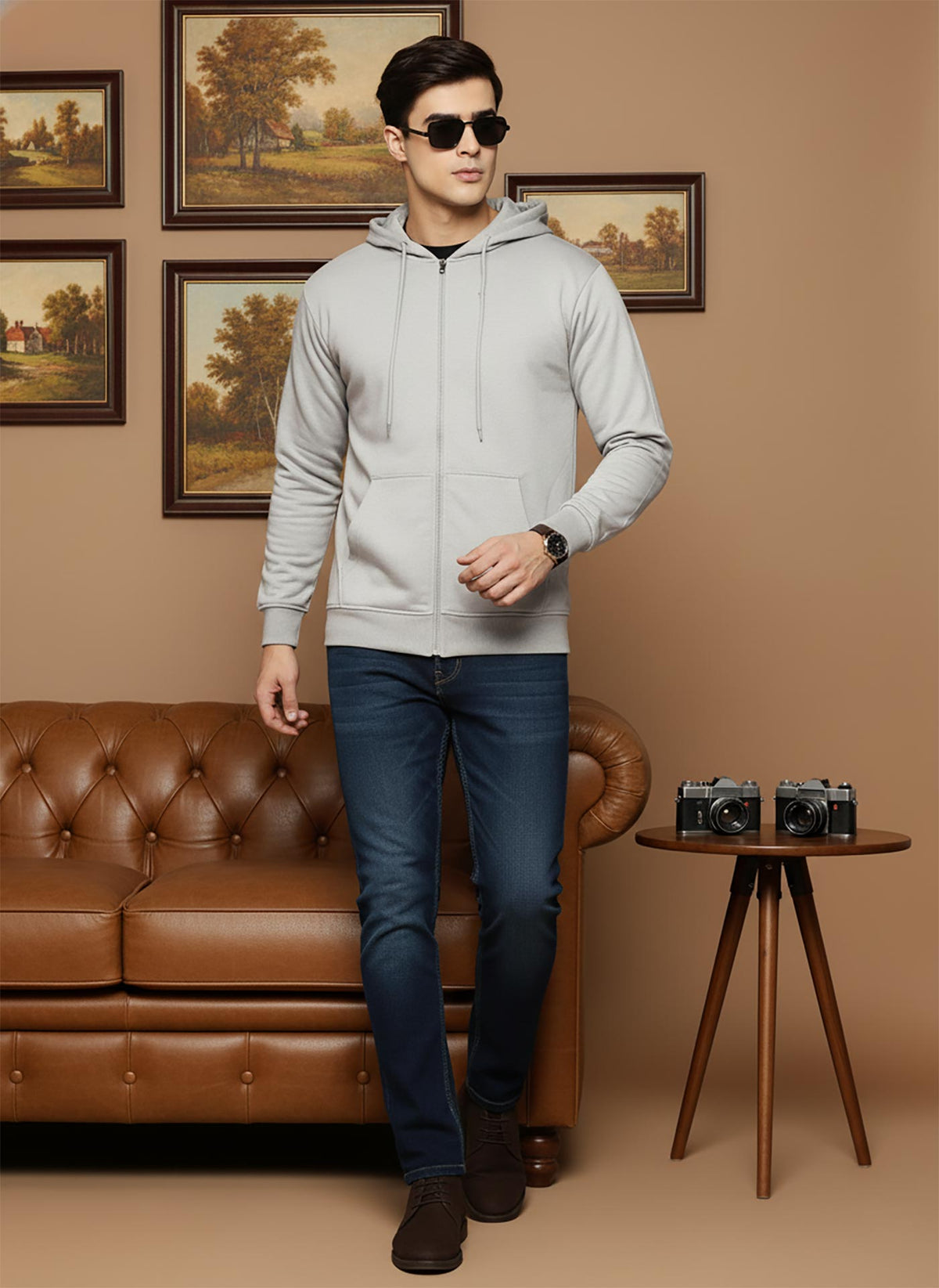 SN351 men’s light grey cotton blend zip hoodie walking pose styled with dark jeans and brown shoes.
