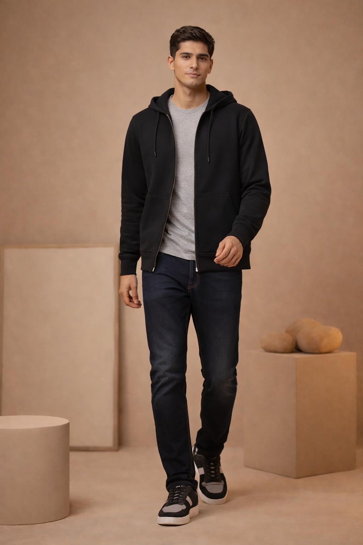 SN353 black cotton fleece full-zip hoodie for men front pose with long sleeves and relaxed fit
