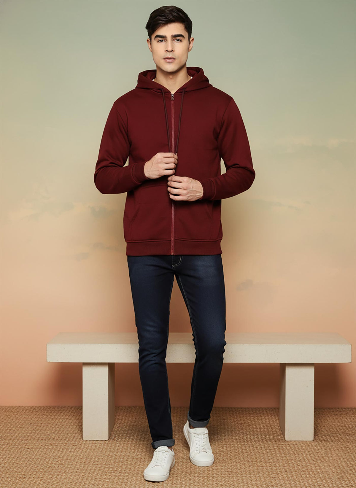 SN354 men’s maroon cotton fleece zip-up hoodie with long sleeves and drawstring hood, front pose styled with denim and sneakers