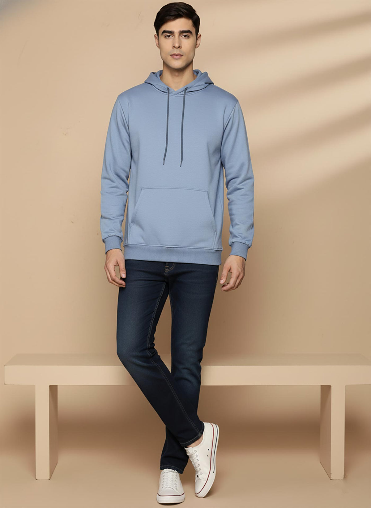 SN355 men’s powder blue fleece hoodie, long sleeve pullover with hood and front pocket, front view