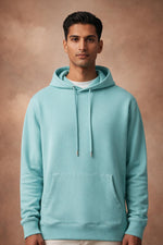 SN359 men’s pastel green cotton blend hoodie closeup showing hooded neckline and drawstrings