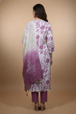 Back view of ivory floral kurta set with mauve pants and gradient dupatta, paired with block heels.