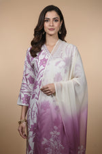 Close-up of ivory mauve printed kurta with V-neckline and soft ombre dupatta detail.