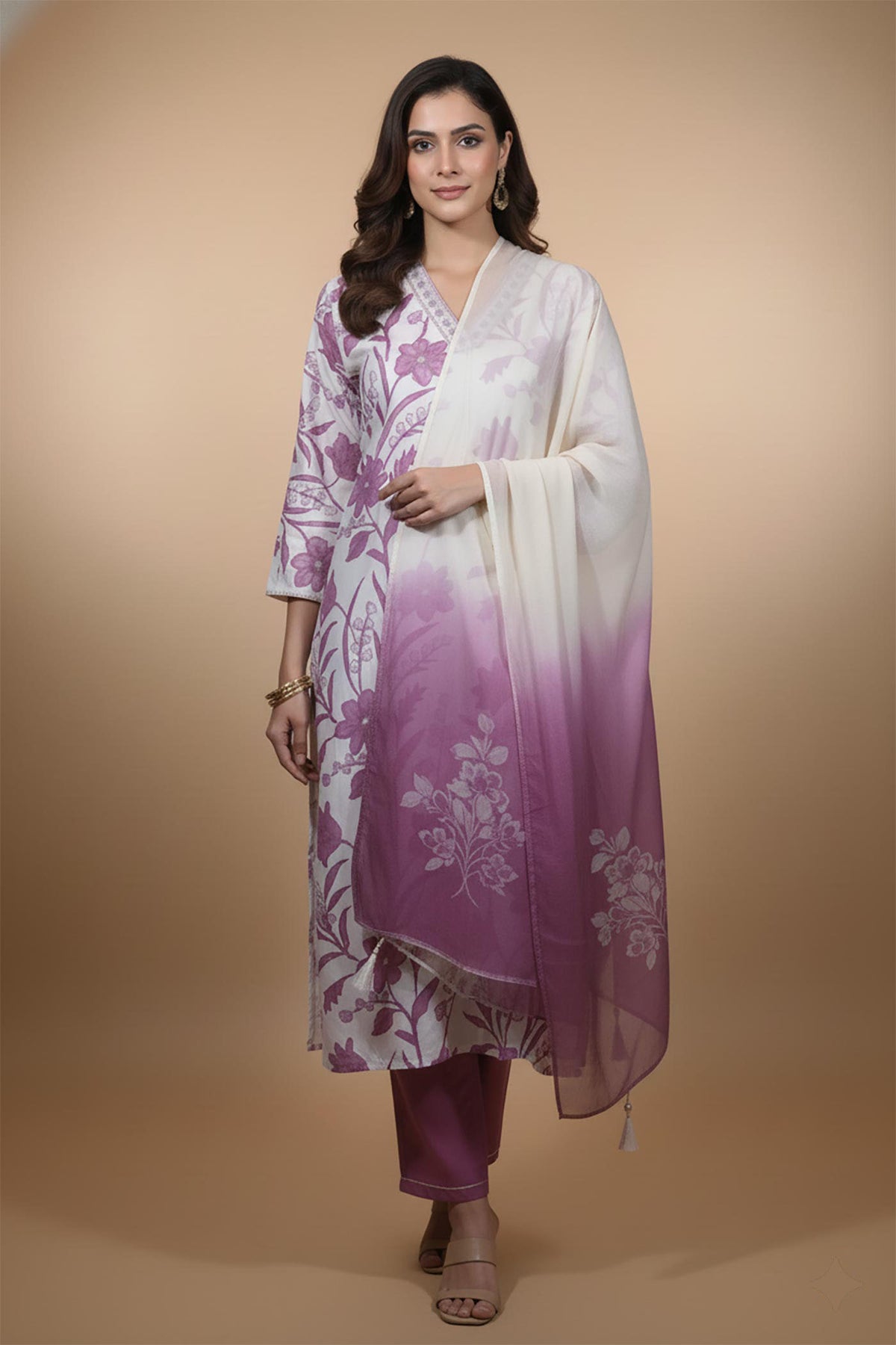Ivory mauve floral kurta set with ombre dupatta, straight pants, front view styled with nude heels.