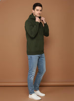 SN360 men’s olive green cotton fleece hoodie side view with long sleeves and relaxed fit paired with denim jeans