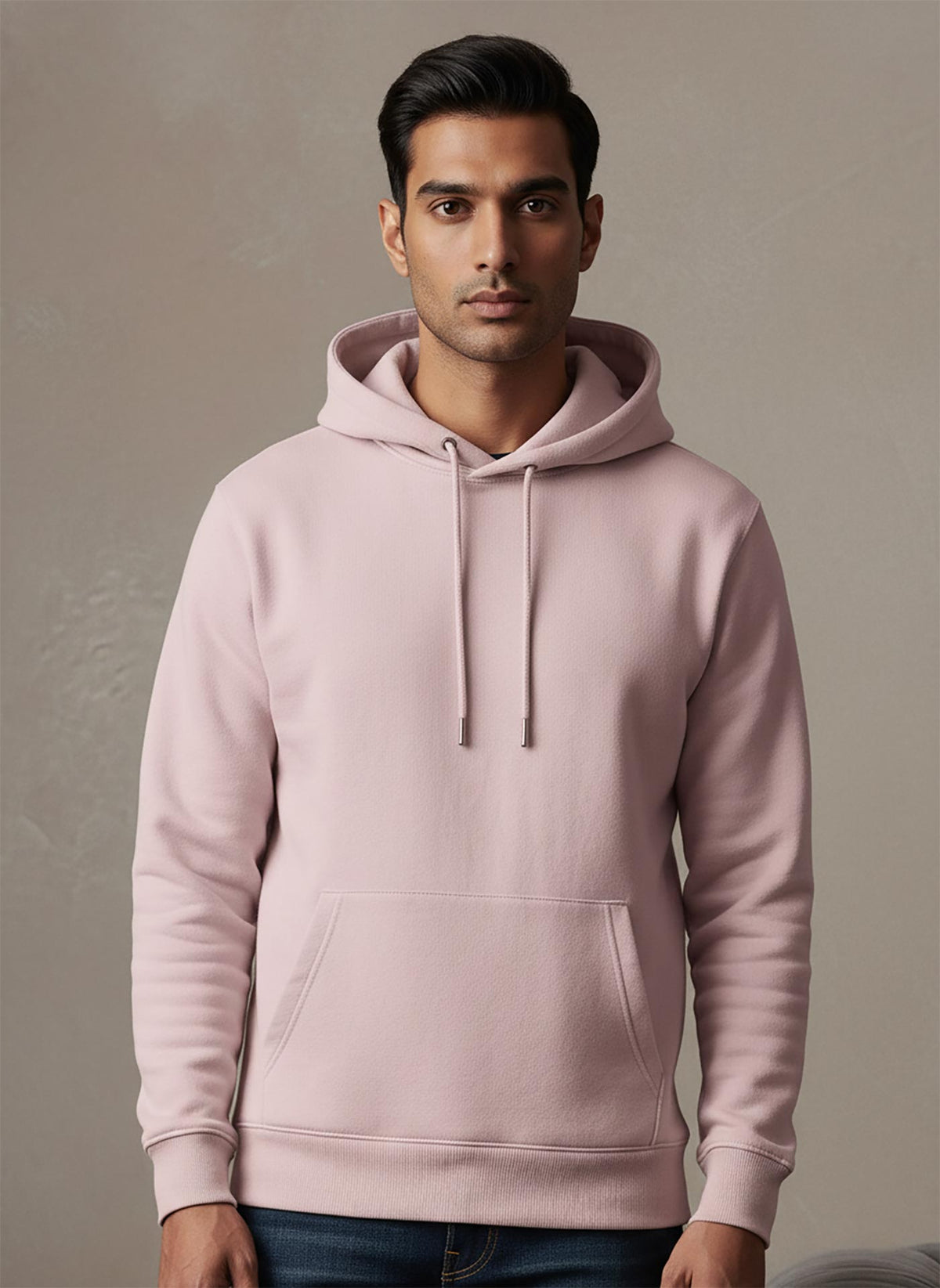 SN361 men’s soft pink cotton fleece hoodie closeup showing hooded neckline, drawstrings and ribbed cuffs