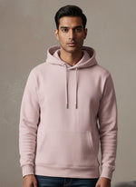 SN361 men’s soft pink cotton fleece hoodie closeup showing hooded neckline, drawstrings and ribbed cuffs