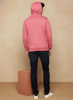 SN362 men’s rose pink cotton fleece hoodie with hood and ribbed hem, back pose view.