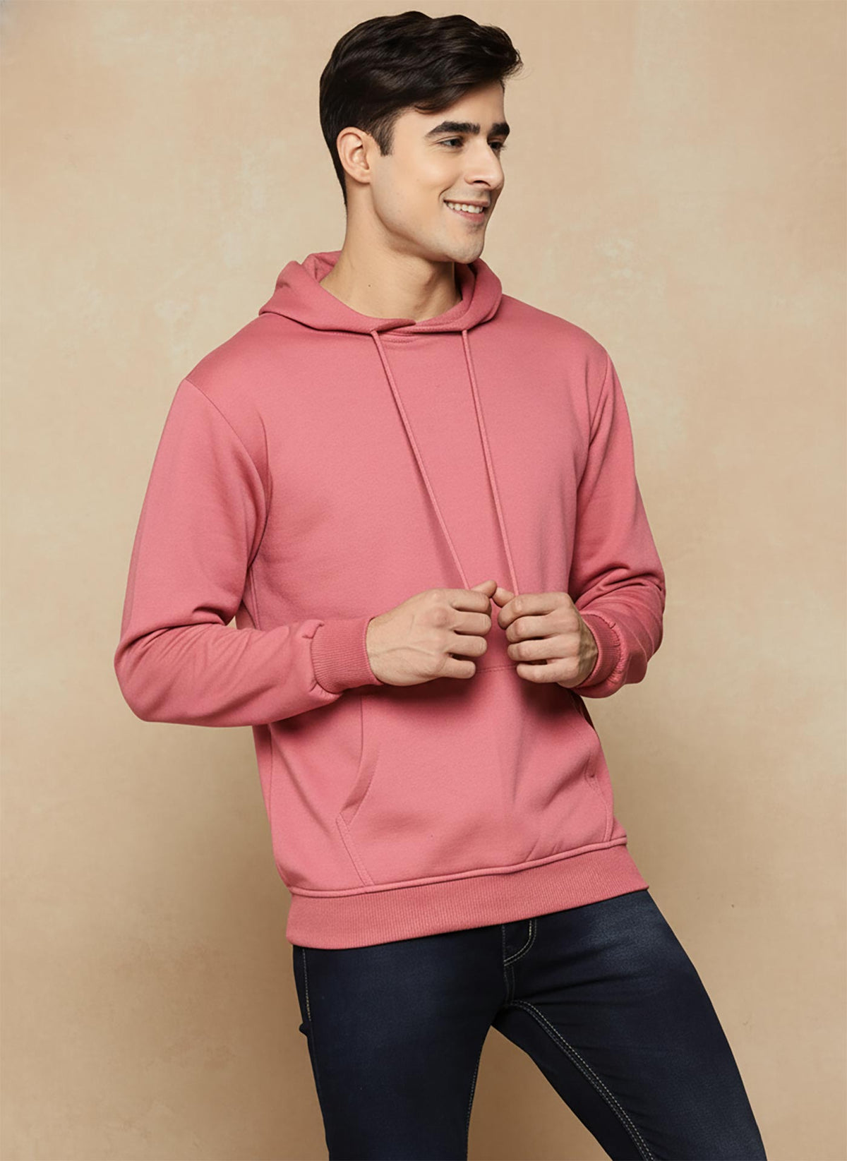 SN362 men’s rose pink cotton fleece hoodie closeup showing hood with drawstrings and long sleeves.