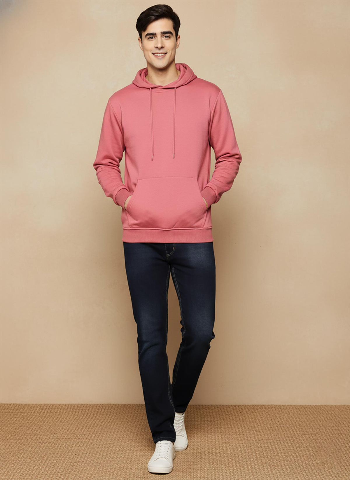 SN362 men’s rose pink cotton fleece hoodie with long sleeves and kangaroo pocket, front pose view.
