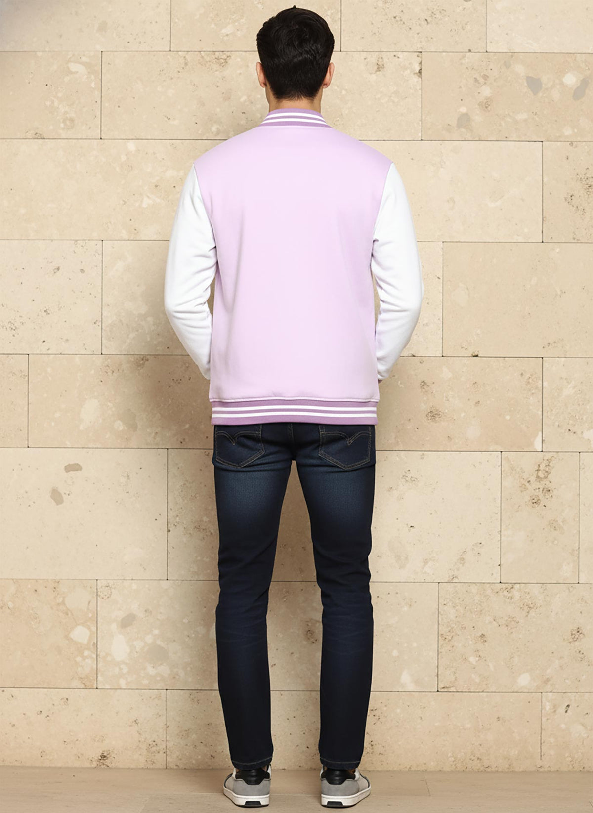 SN363 lilac fleece varsity jacket for men with long sleeves and ribbed hem, back view