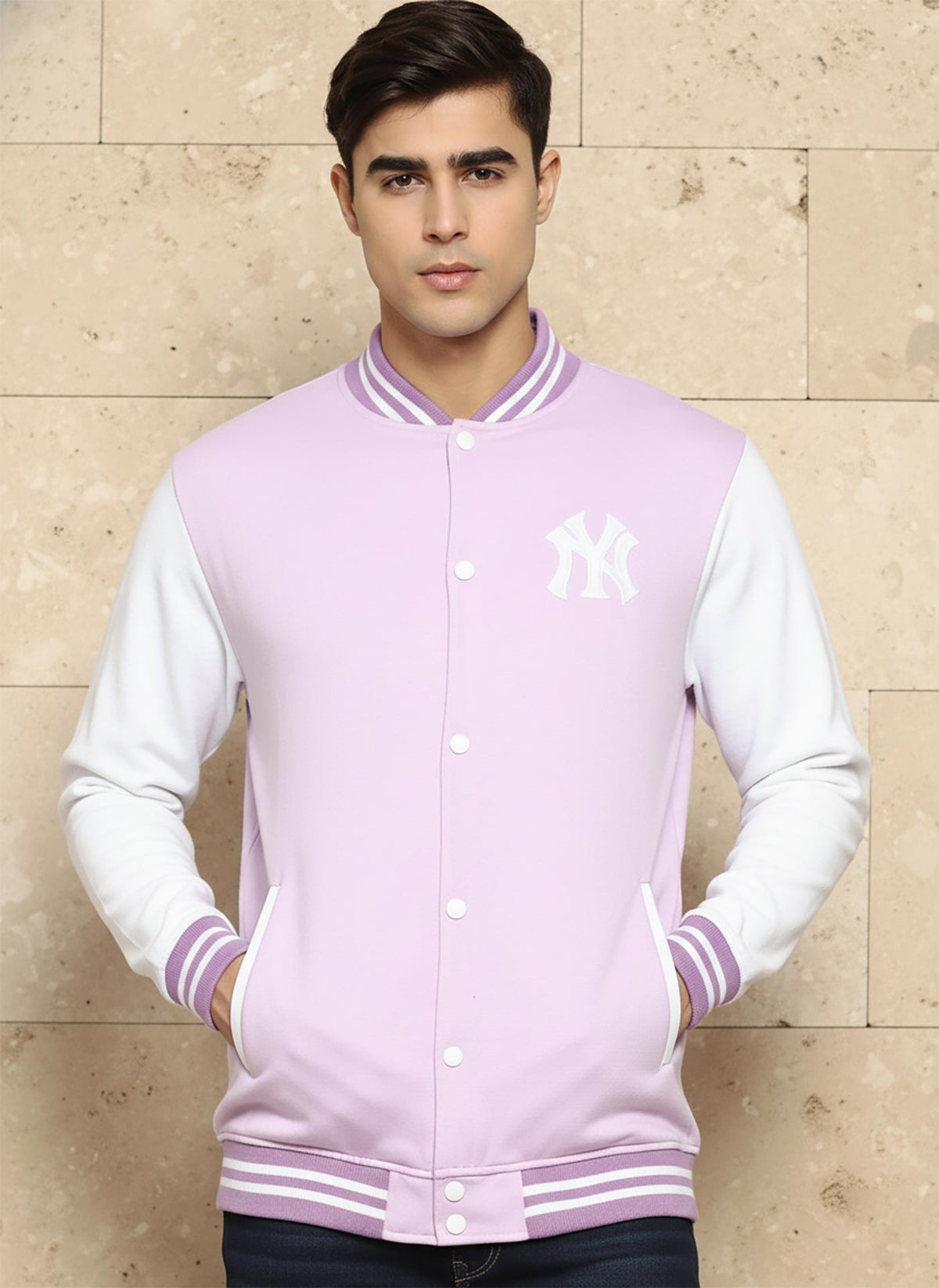 SN363 lilac fleece varsity jacket close-up showing ribbed collar, snap buttons and soft fabric