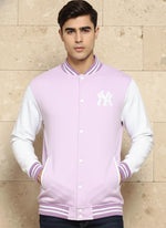 SN363 lilac fleece varsity jacket close-up showing ribbed collar, snap buttons and soft fabric