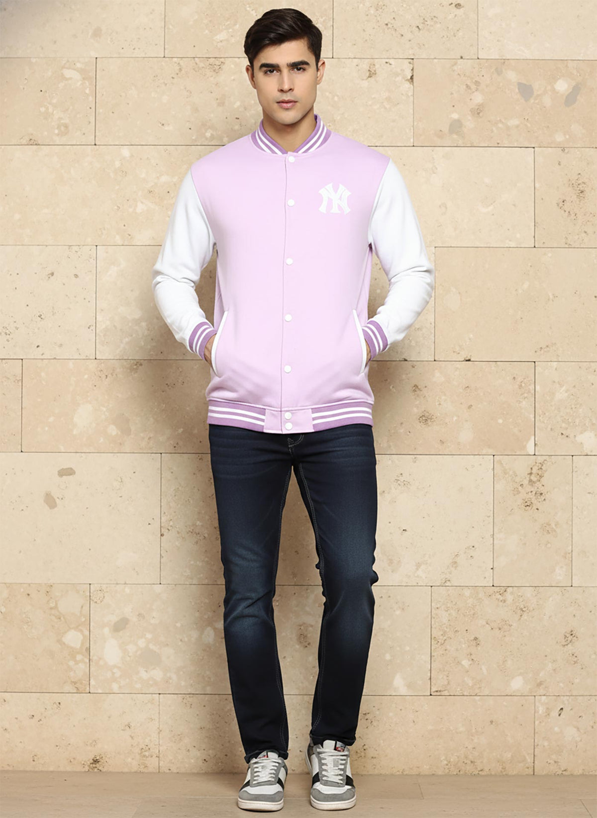 SN363 lilac fleece varsity jacket for men with long sleeves and ribbed collar, front view