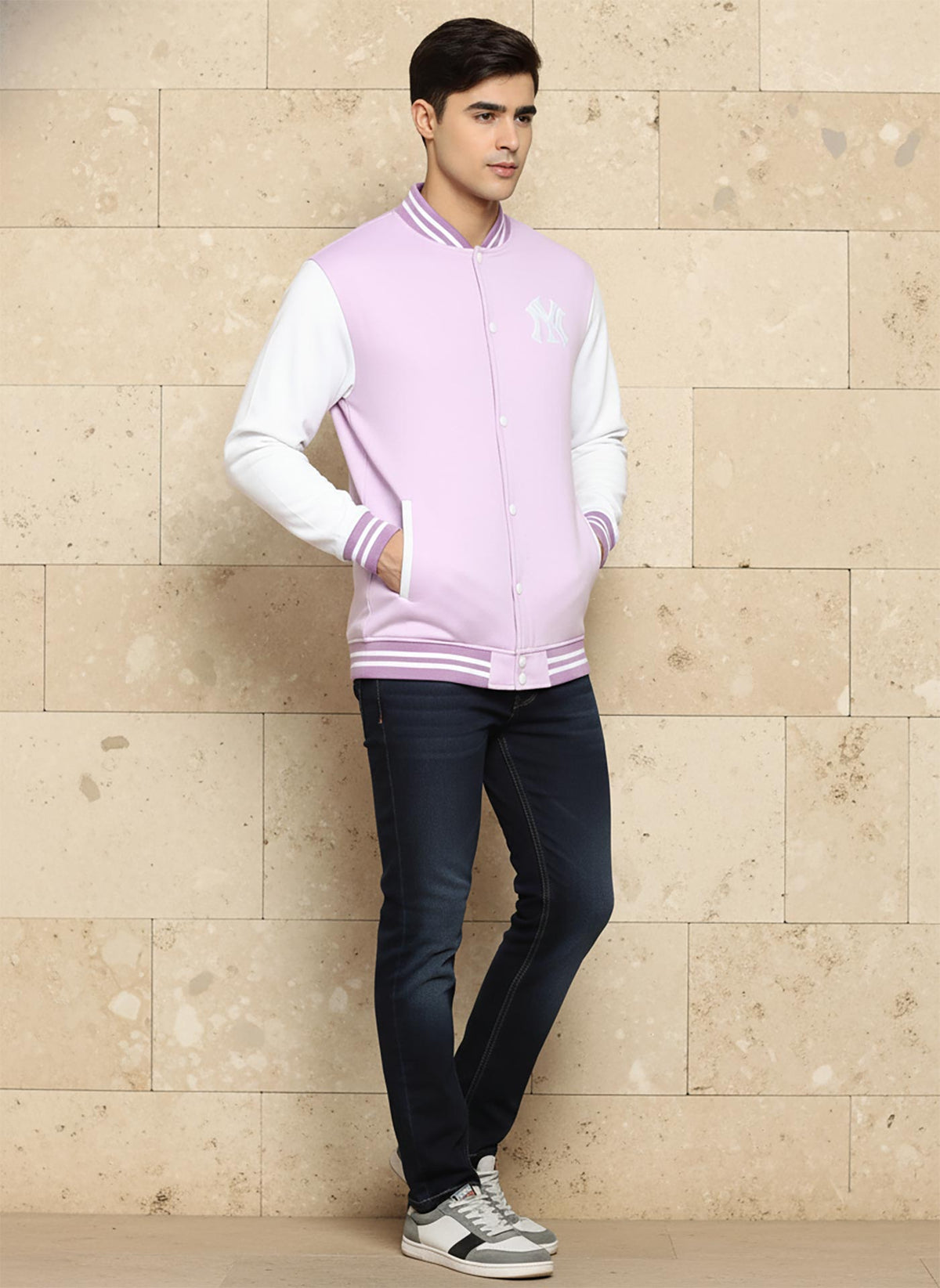 SN363 lilac fleece varsity jacket for men with long sleeves and ribbed cuffs, side view