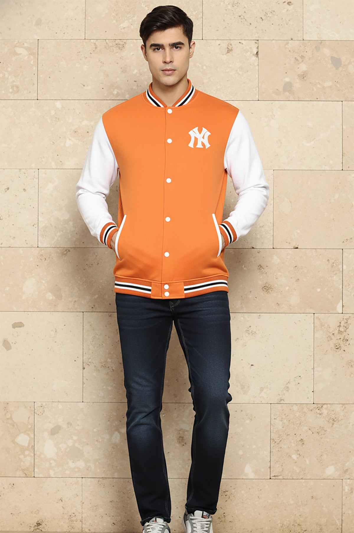 SN364 men’s orange cotton blend varsity jacket with long sleeves and snap buttons, regular fit front pose.
