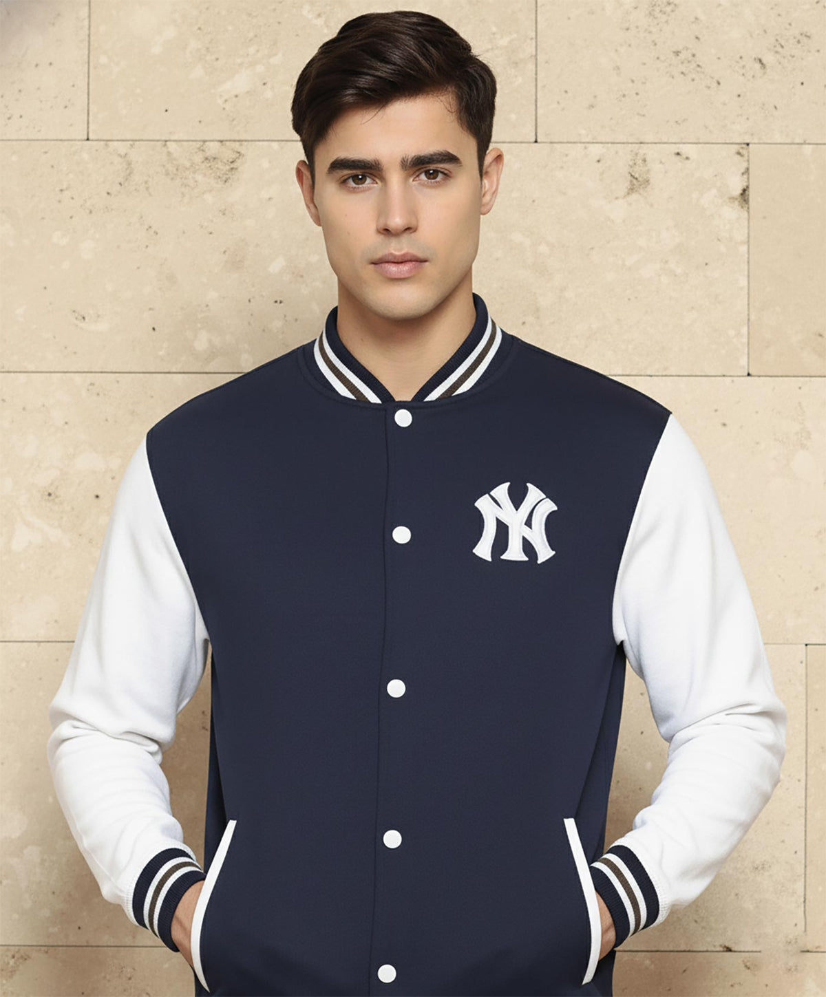 SN365 men’s navy varsity jacket closeup showing snap-button front, ribbed baseball collar and long sleeve detail
