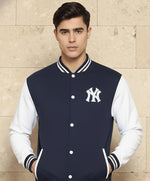 SN365 men’s navy varsity jacket closeup showing snap-button front, ribbed baseball collar and long sleeve detail